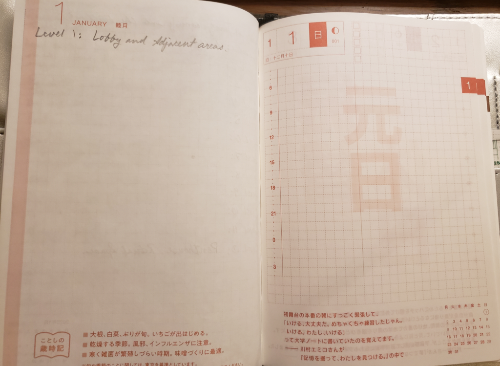 Notebook spread showing a page for January as a month and a page dedicated to January 1st with a grid