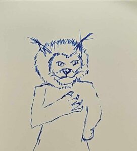 Sketch of a humanoid cat with long tufted ears and a mane