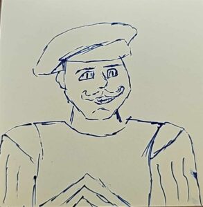 Sketch of a mustachioed man wearing a breast plate and a floppy hat