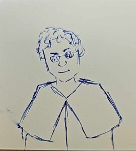 Sketch of curly haired young man wearing an Inverness cape
